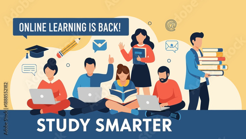 online learning concept, students studying together, study smarter