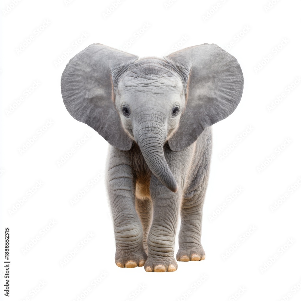 Fototapeta premium Adorable Young Elephant Walking Towards Camera on White Background in Studio Environment with Soft Lighting