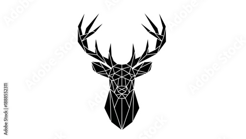 Geometric deer head with antlers in black lines on white background