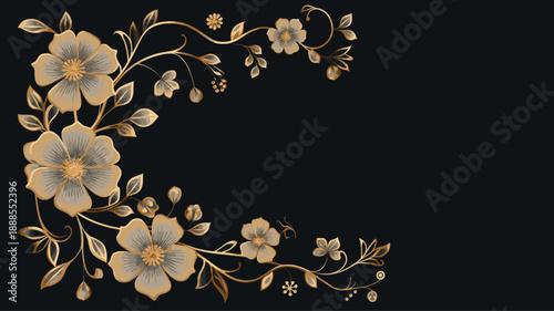 Gold Floral Corner Decoration on Black Background, Elegant Luxury Design for Invitation
