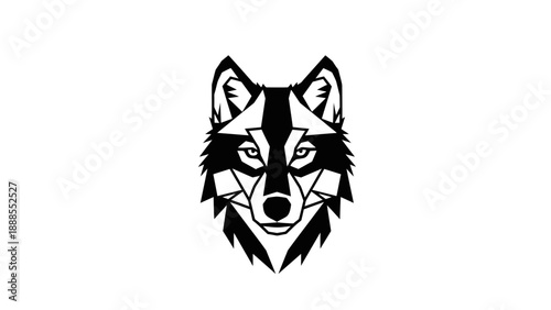 Black and white geometric wolf head illustration on a plain background.