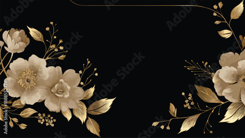 Luxury Gold Floral Decoration on Black Background, Elegant Wedding Invitation Design