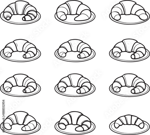 Croissants on plates in various orientations in a seamless pattern