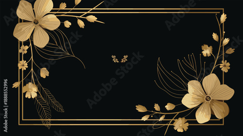 Minimal Gold Floral Frame on Black Background, Elegant Luxury Border Design
