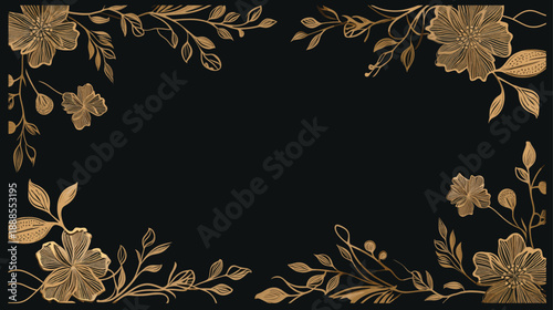 Luxury Gold Floral Frame on Black Background, Elegant Wedding Invitation Border Design