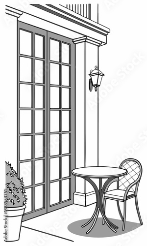 Elegant Outdoor Seating Area with French Doors and Bistro Set.