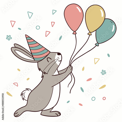 A gray rabbit happily holding colorful balloons