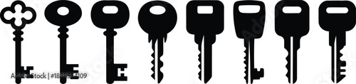 A collection of various key types displayed as black silhouettes on a clean white background