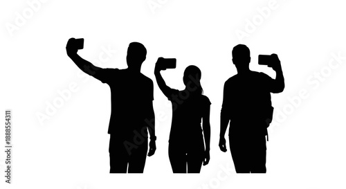 Silhouette of three people taking selfies with their smartphones against white background