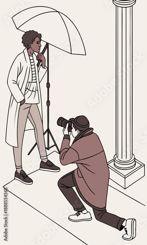 Fashion photoshoot in urban setting with model and photographer.