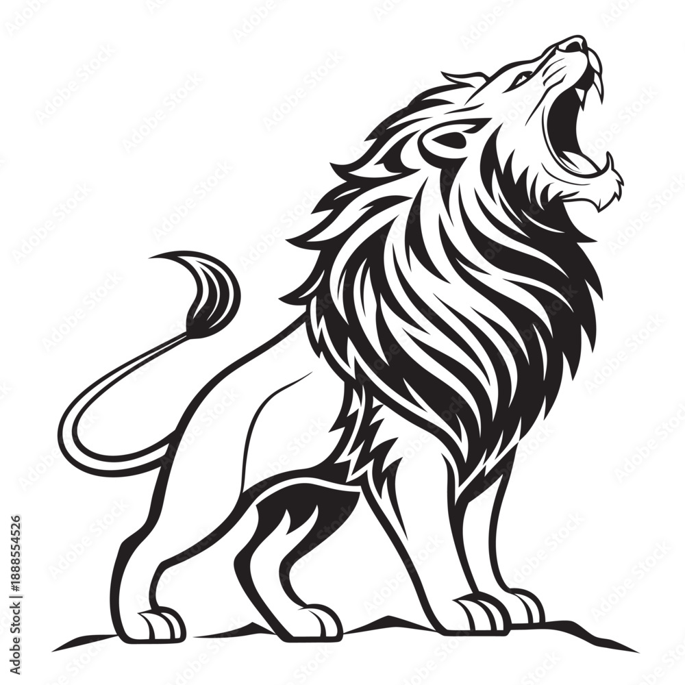 Obraz premium Roaring lion vector illustration with flowing mane. Powerful black and white king lion mascot design.
