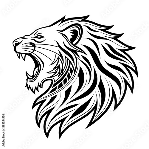 Powerful Roaring Lion Head Vector Illustration with Tribal Style Mane for Logo and Tattoo Design Majestic Lion Profile Silhouette with Sharp Mane Detail for Sports Branding and Brave Spirit Concepts.