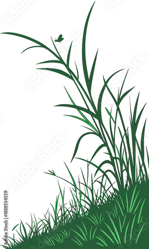 Green Grass Vector Illustration with Dragonfly and Blades.