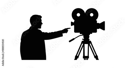 Silhouette of a director pointing at a vintage film camera with a cinematic feel