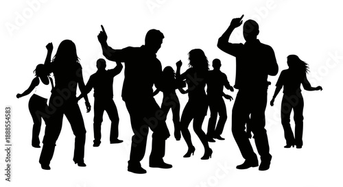 Silhouette of group of people dancing and having fun at party with dynamic poses