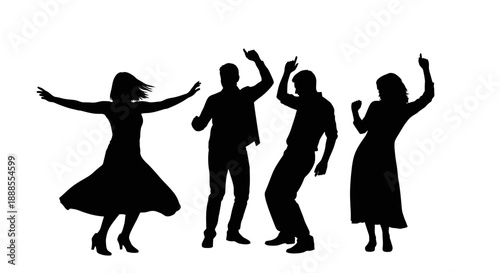 Silhouette of dancing people celebrating and enjoying music and positive energy on a white backdrop