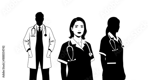 Medical professionals: doctor and nurses standing, monochrome drawing for healthcare concept