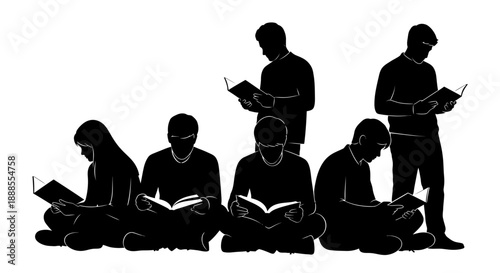Silhouette of a group of people engrossed in reading books against a white background