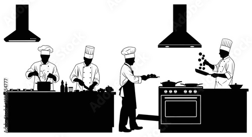 Professional chef culinary team preparing food in a restaurant kitchen black silhouette vector