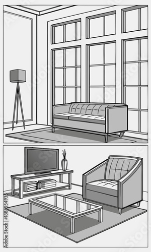 Living Room Interior Design Sketch with Furniture 2.