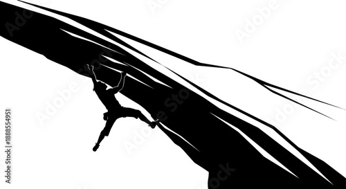 Silhouette of rock climber ascending a steep cliff, showcasing adventure and strength