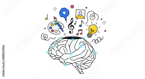 Illustration of a brain with creative symbols and icons emerging from it, representing and data processing concepts.