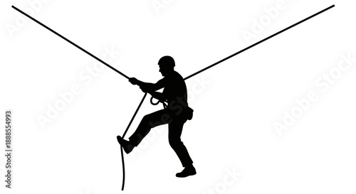 Silhouette of a Rock Climber Rappelling Down a Rope with Safety Gear in Isolated Scene