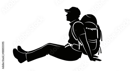 Silhouette of a man resting with a backpack after a long trek on a white background