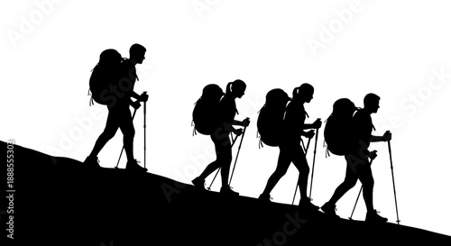 Silhouette of group hikers climbing up the mountain with backpacks and trekking poles expedition