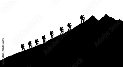 Silhouette of hikers climbing a mountain peak, representing teamwork and success, against a white