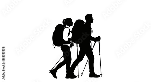 Silhouette of couple hiking with backpacks and trekking poles against a white background
