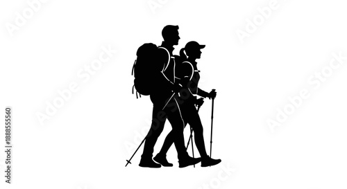 Silhouette of couple hiking with backpacks and trekking poles on white background
