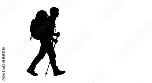 Silhouette of hiker with backpack and trekking poles against a clean white background