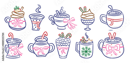  coffee and tea cups collection in various glasses with pink