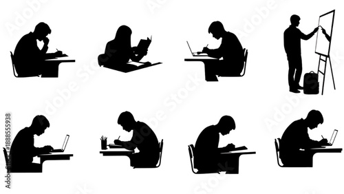 Diverse silhouettes depicting people focused on study, work, and creative learning activities at desks