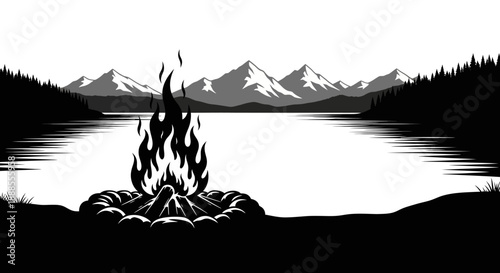 Monochromatic vector illustration of a campfire by a lake surrounded by mountains, evoking a sense