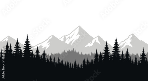 Monochrome Majestic Mountains and Evergreen Forests Seamless Landscape Illustration