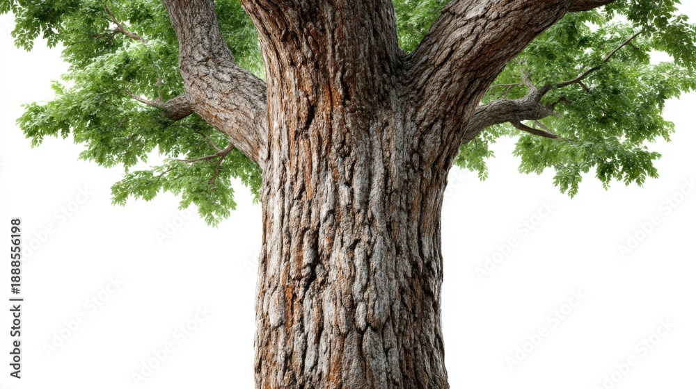 Fototapeta premium Majestic oak tree with a textured bark and lush green leaves, representing nature's beauty, strength, and the essence of life in a serene environment