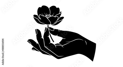Elegant Silhouette: A Hand Offering a Delicate Flower in Artistic Black and White Style
