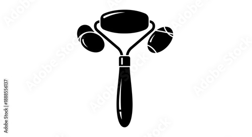 Black and white icon of a facial roller with a handle and three massage stones isolated