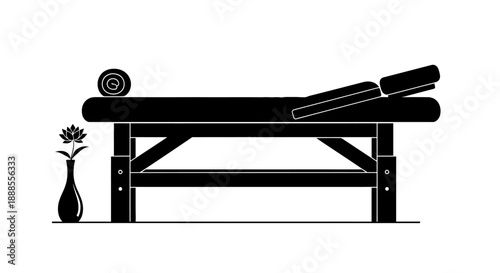 Elegant black and white minimalist spa treatment table illustration offering relaxation