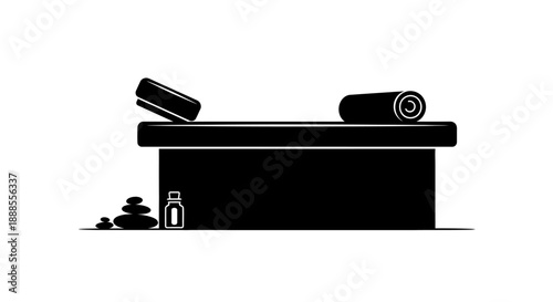 Elegant minimalist illustration of a spa treatment table with zen stones and oil bottle