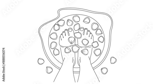Minimalist line art illustration: Relaxing foot spa with rose petals for wellness