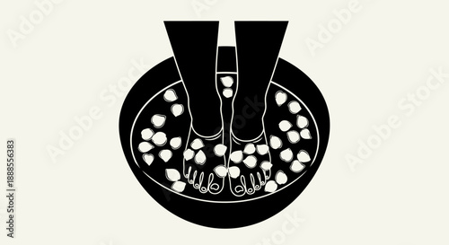 Monochrome illustration featuring feet in a bowl filled with flower petals for spa concept