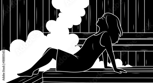 Monochrome illustration of a woman relaxing in a steamy sauna for wellness or spa