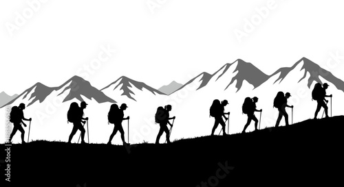 Silhouette of hikers with backpacks trekking uphill against a mountain range landscape