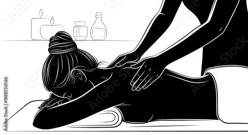Black and white illustration showcasing a woman receiving a relaxing back massage therapy