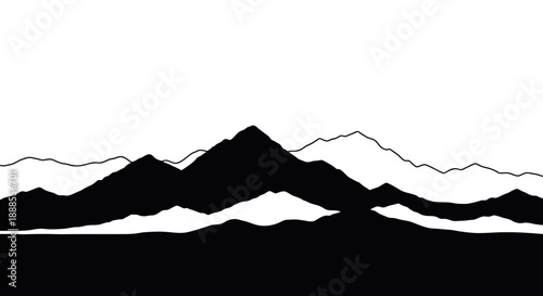 Monochrome Silhouette Illustration Featuring Majestic Mountains Against a Clear Sky