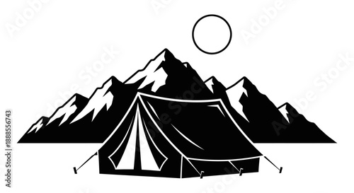Monochrome mountain camping adventure logo featuring a tent under the sun near peaks