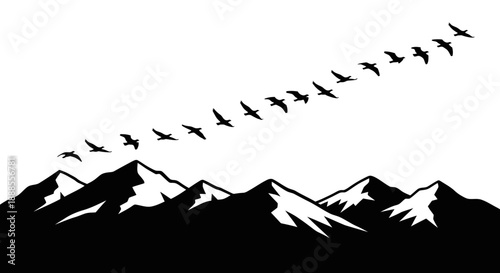 Majestic mountains and birds silhouette create serene and minimalist landscape imagery